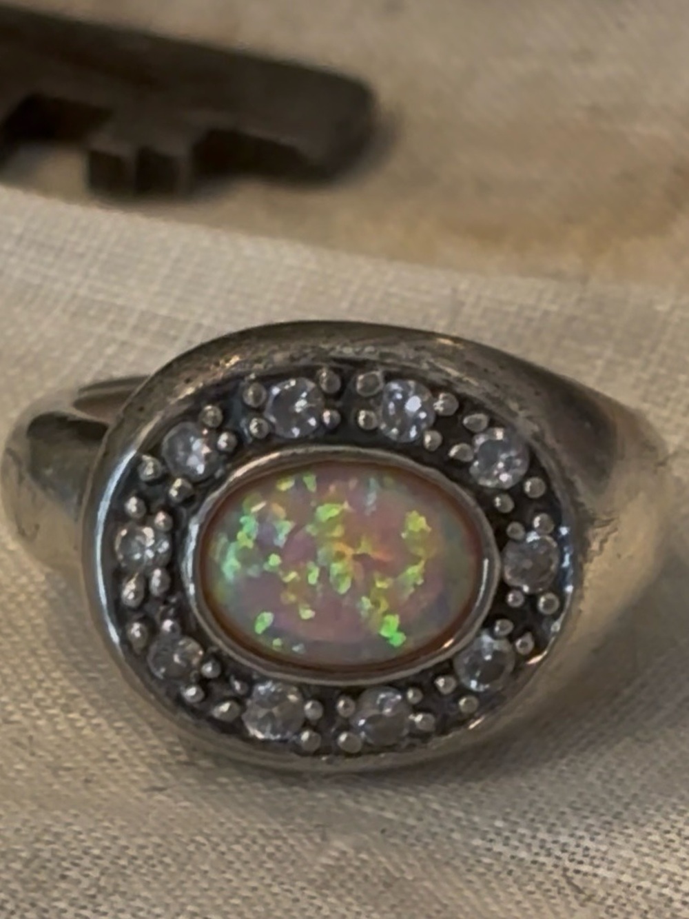 Vintage Artisan Sterling Silver Opal Halo Statement Ring | Size 4.75
